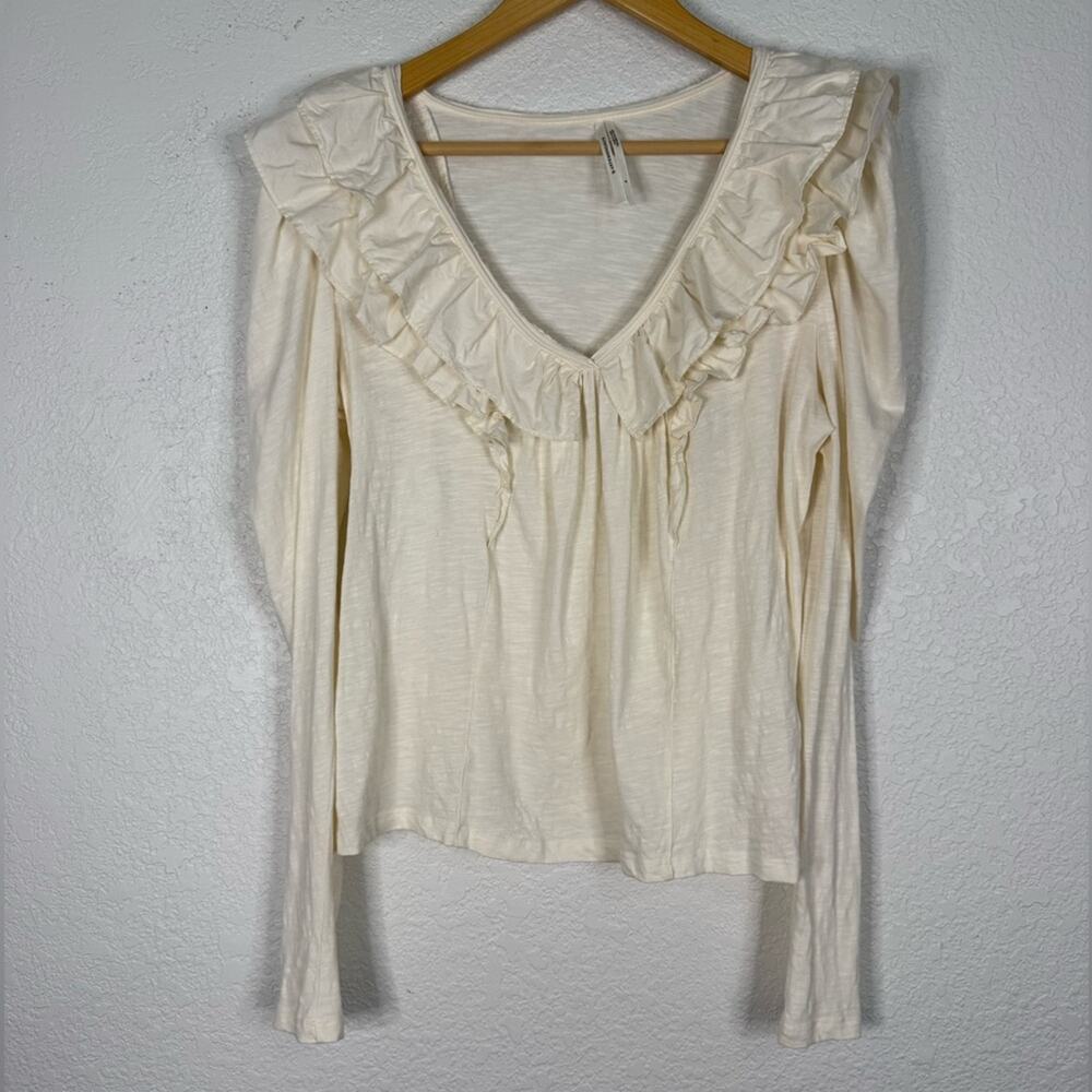Anthropologie Cream Ruffle Bib Long sleeve knit blouse coquette cottage feminine